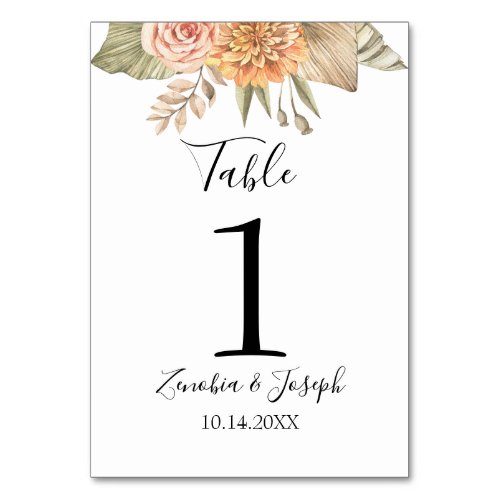 Minimal Leaf Boho Floral Wedding Table Number