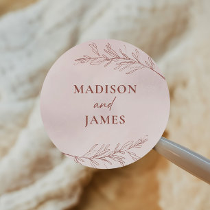 Minimal Leaf Boho Pink Elegant Wedding Classic Round Sticker
