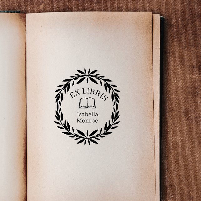 Minimal Leaf Botanical Wreath Ex Libris Bookplate Rubber Stamp (leaf wreath)