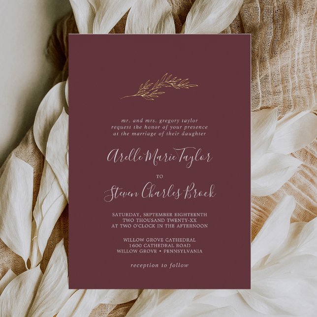 Minimal Leaf Burgundy and Gold Foil Formal Wedding Foil Invitation (Creator Uploaded)