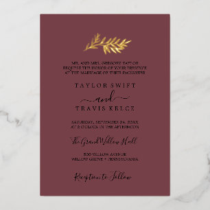 Minimal Leaf Burgundy and Gold Foil Formal Wedding Invitation