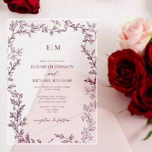 Minimal Leaf Burgundy Elegant Monogram Wedding Acrylic Invitations