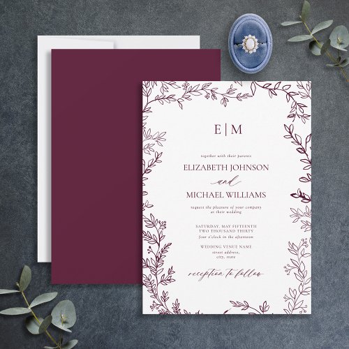 Minimal Leaf Burgundy Elegant Monogram Wedding Invitation
