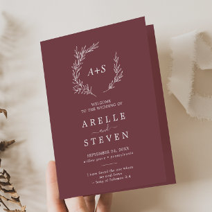 Minimal Leaf   Burgundy Folded Wedding Program