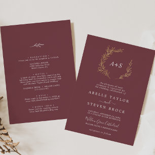 Minimal Leaf Burgundy Gold Foil All In One Wedding Foil Invitation