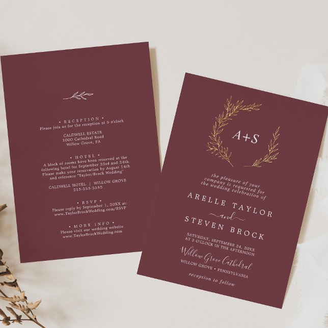 Minimal Leaf Burgundy Gold Foil All In One Wedding Foil Invitation (Creator Uploaded)