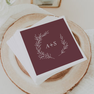 Minimal Leaf Burgundy Monogram Wedding Napkins