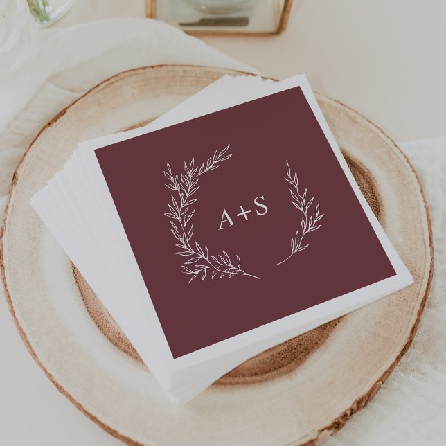 Minimal Leaf | Burgundy Monogram Wedding Napkins (Creator Uploaded)