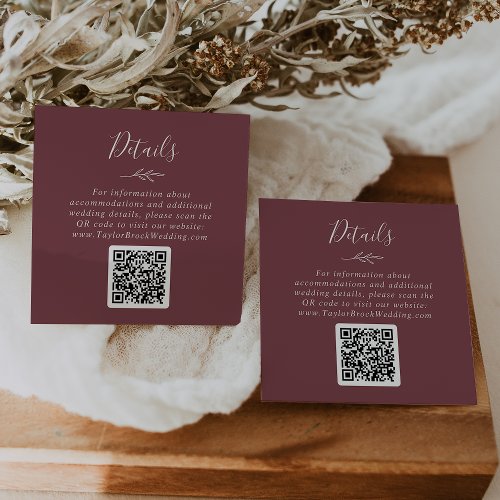 Minimal Leaf  Burgundy QR Code Wedding Details Enclosure Card