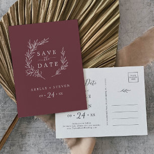 Minimal Leaf Burgundy Save the Date Invitation Postcard