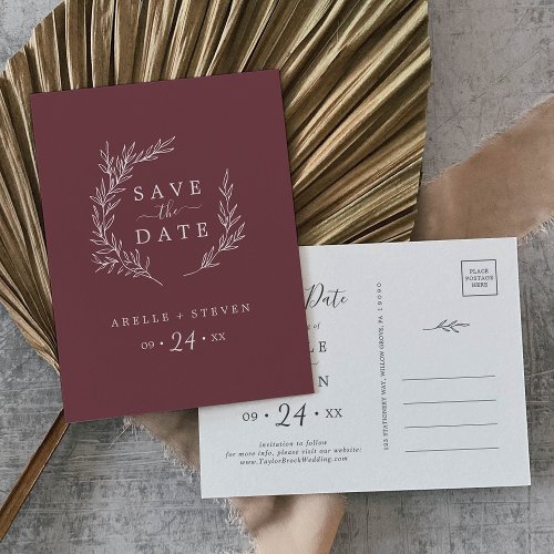 Minimal Leaf  Burgundy Save the Date Invitation Postcard