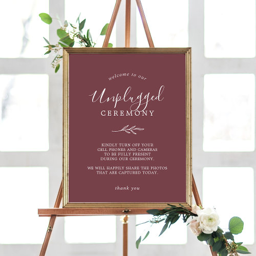 Minimal Leaf  Burgundy Unplugged Ceremony Sign