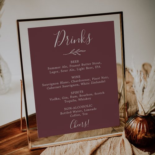 Minimal Leaf  Burgundy Wedding Drinks Menu Poster