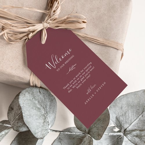 Minimal Leaf  Burgundy Wedding Welcome Gift Tags