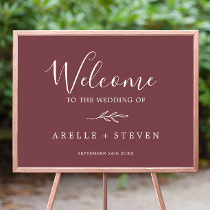 Minimal Leaf   Burgundy Wedding Welcome Poster