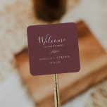 Minimal Leaf | Burgundy Wedding Welcome Square Sticker<br><div class="desc">These minimal leaf burgundy wedding welcome stickers are perfect for a boho wedding. The bohemian design features a simple greenery silhouette in a dark red wine color with classic minimalist boho style. Personalize these stickers with the location of your wedding, names, and wedding date. These labels are perfect for destination...</div>