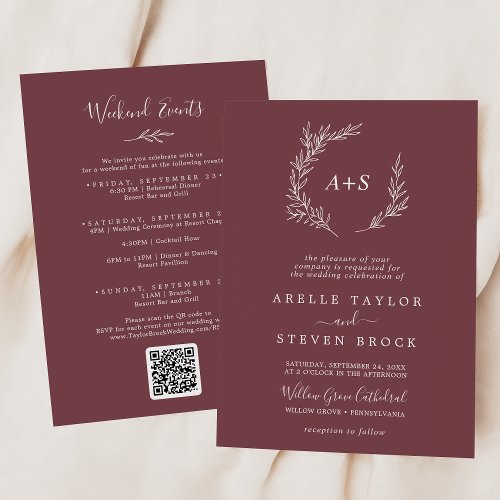 Minimal Leaf  Burgundy Weekend Events Wedding Invitation