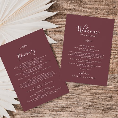 Minimal Leaf  Burgundy Welcome Letter  Itinerary