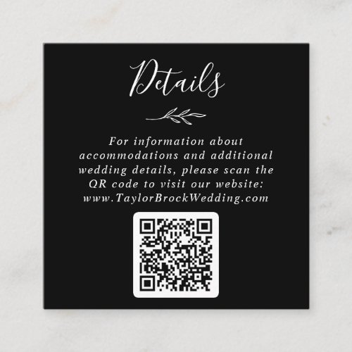 Minimal Leaf  Dark Black QR Code Wedding Details Enclosure Card