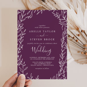 Minimal Leaf   Dark Eggplant Wedding Invitation