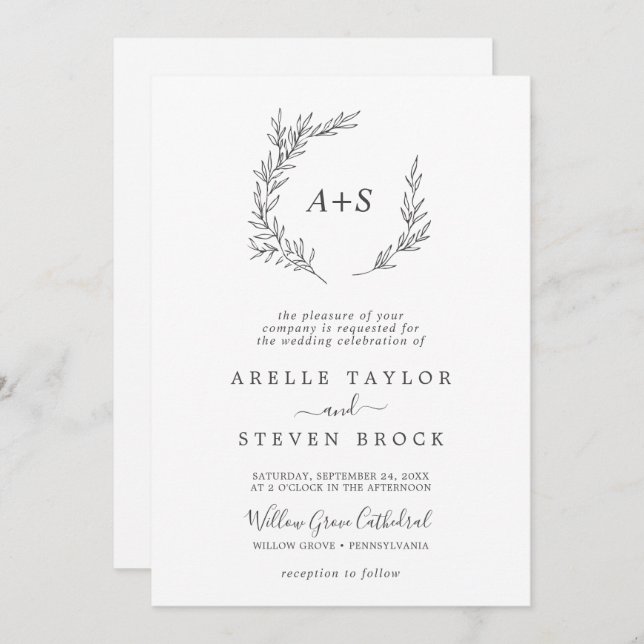 Minimal Leaf | Dark Gray All In One Wedding Invitation (Front/Back)