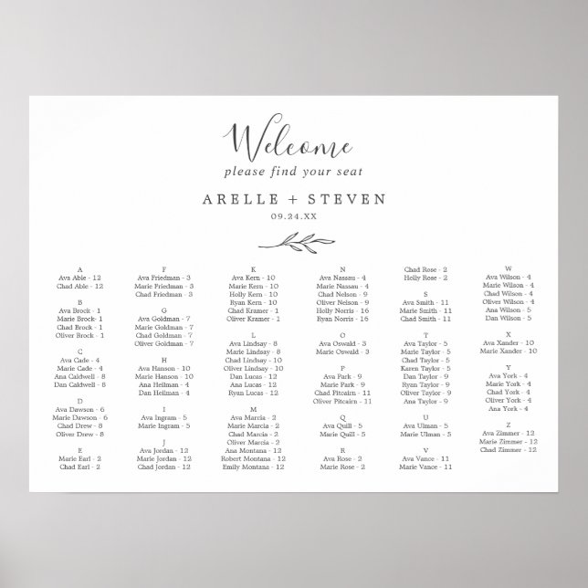Minimal Leaf Dark Gray Alphabetical Seating Chart (Front)