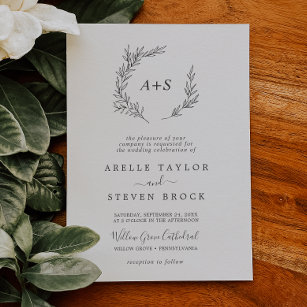 Minimal Leaf   Dark Gray Formal Monogram Wedding Invitation