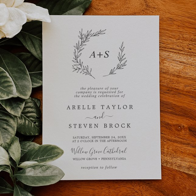Minimal Leaf | Dark Gray Formal Monogram Wedding Invitation (Creator Uploaded)
