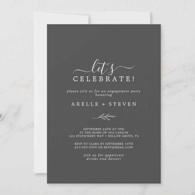 Minimal Leaf | Dark Gray Let's Celebrate Invitation (Front)