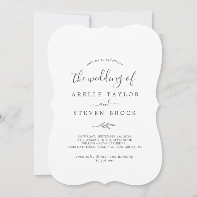 Minimal Leaf | Dark Gray Monogram Back Wedding Invitation (Front)