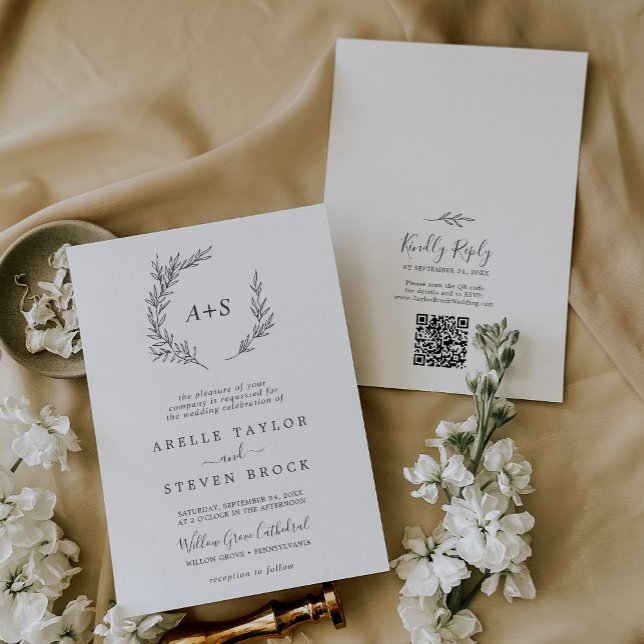 Minimal Leaf | Dark Gray Monogram QR Code Wedding Invitation (Creator Uploaded)