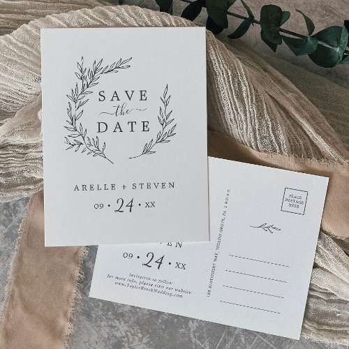 Minimal Leaf  Dark Gray Save the Date Invitation Postcard