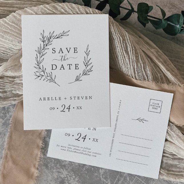 Minimal Leaf | Dark Gray Save the Date Invitation Postcard