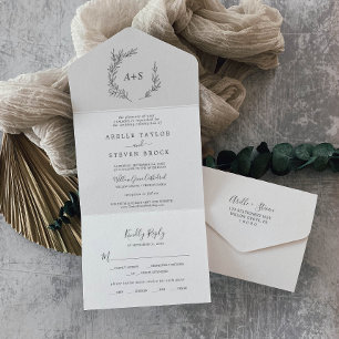 Minimal Leaf Dark Gray Wedding All In One Invitation