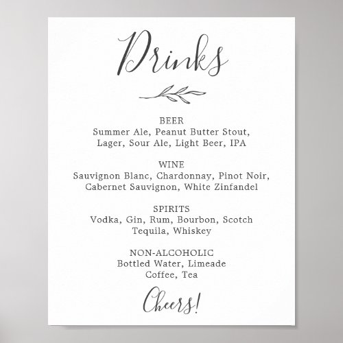 Minimal Leaf  Dark Gray Wedding Drinks Menu Sign