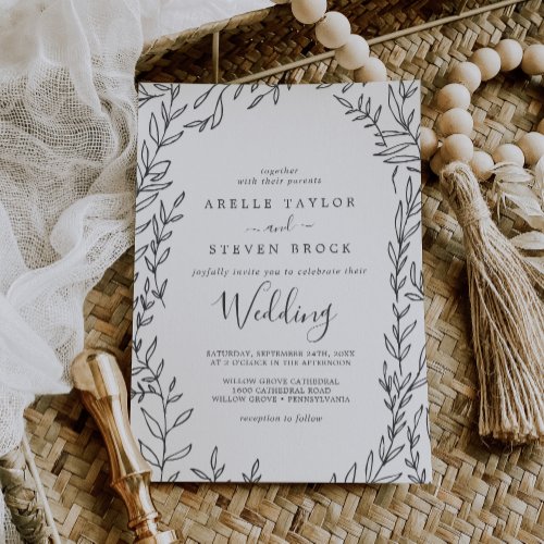 Minimal Leaf  Dark Gray Wedding Invitation