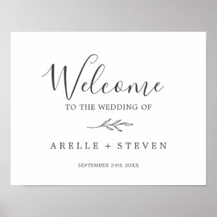 Minimal Leaf Dark Gray Wedding Welcome Poster