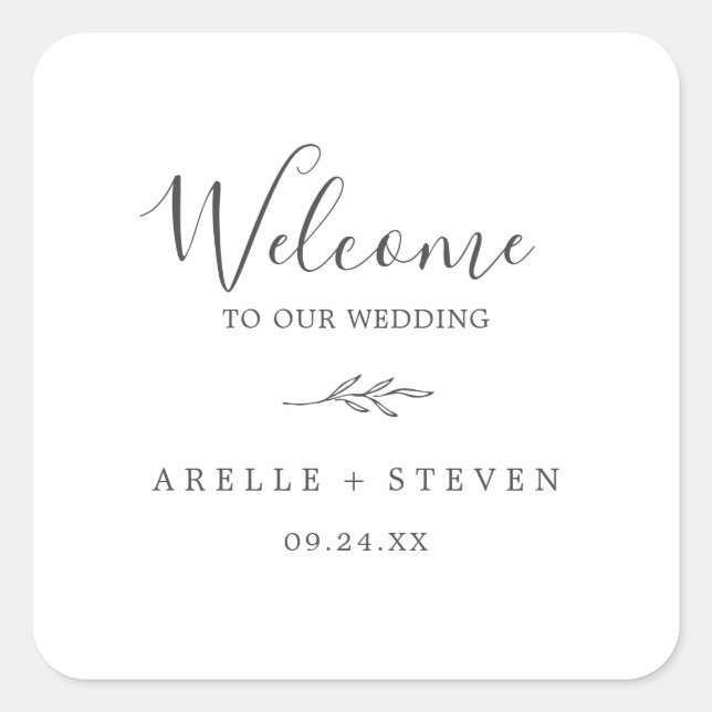 Minimal Leaf | Dark Gray Wedding Welcome Square Sticker (Front)