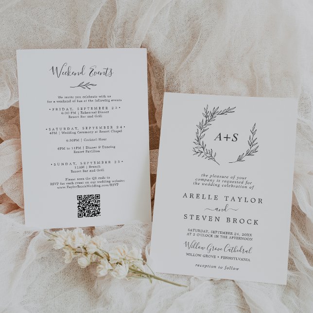 Minimal Leaf | Dark Gray Weekend Events Wedding Invitation (Creator Uploaded)