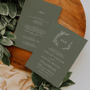 Minimal Leaf Dark Green All In One Wedding Invitation