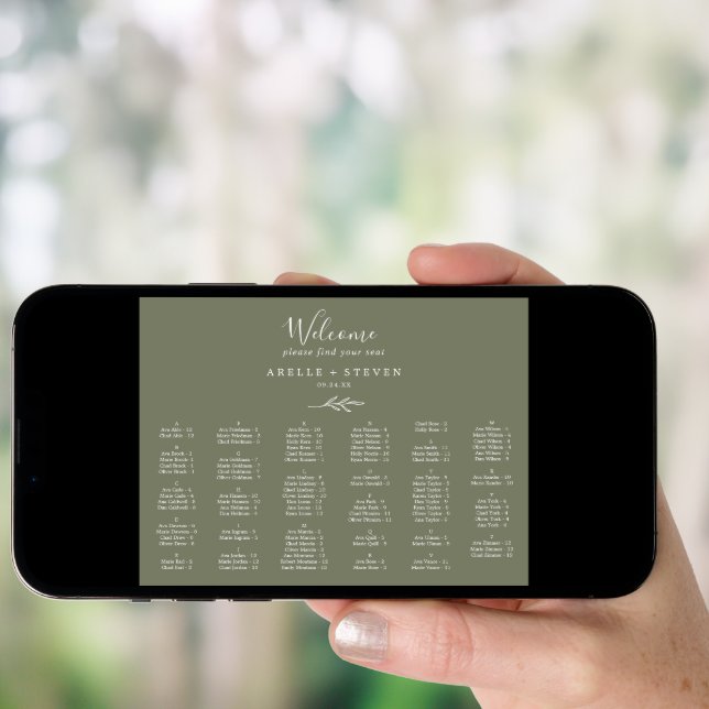 Minimal Leaf Dark Green Alphabetical Seating Chart (Front Digital)