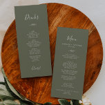 Minimal Leaf | Dark Green Dinner and Drinks Menu<br><div class="desc">This minimal leaf dark green dinner and drinks menu card is perfect for a boho wedding. The design features a simple greenery leaf silhouette in olive green with minimalist mountain bohemian style. This menu features the dinner menu on one side and the drinks menu on the back. It can be...</div>