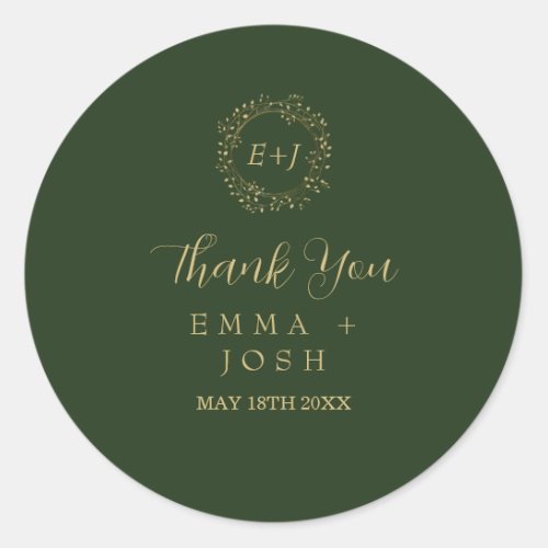 Minimal Leaf  Dark Green Formal Monogram Wedding Classic Round Sticker