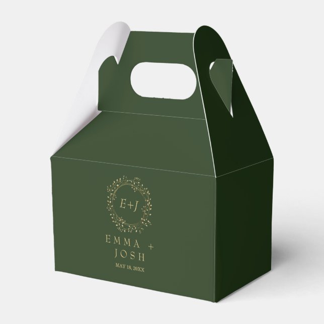 Minimal Leaf | Dark Green Formal Monogram Wedding Favor Boxes (Front Side)