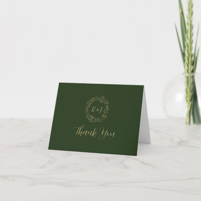 Minimal Leaf | Dark Green Formal Monogram Wedding Thank You Card (Front)