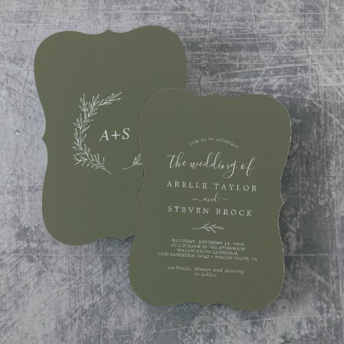 Minimal Leaf  Dark Green Monogram Back Wedding Invitation