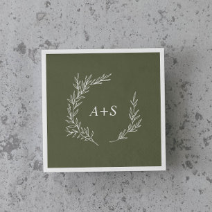Minimal Leaf Dark Green Monogram Wedding Napkins