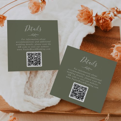 Minimal Leaf  Dark Green QR Code Wedding Details Enclosure Card