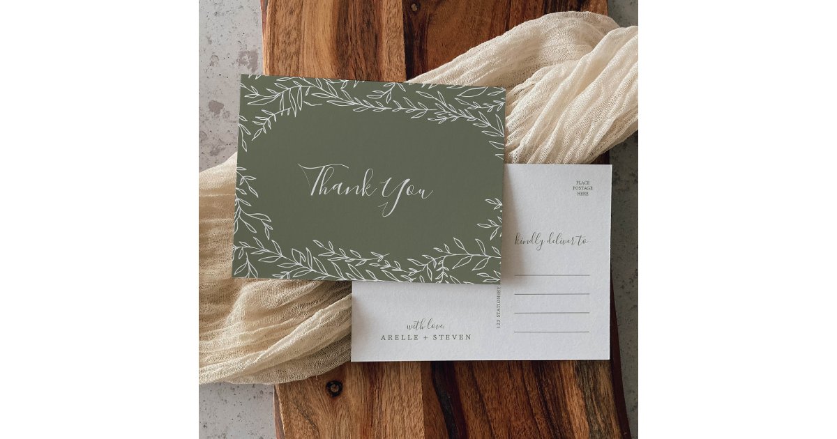 minimal-leaf-dark-green-thank-you-postcard-zazzle