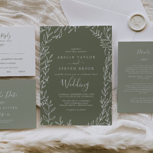 Minimal Leaf  Dark Green Wedding Invitation
